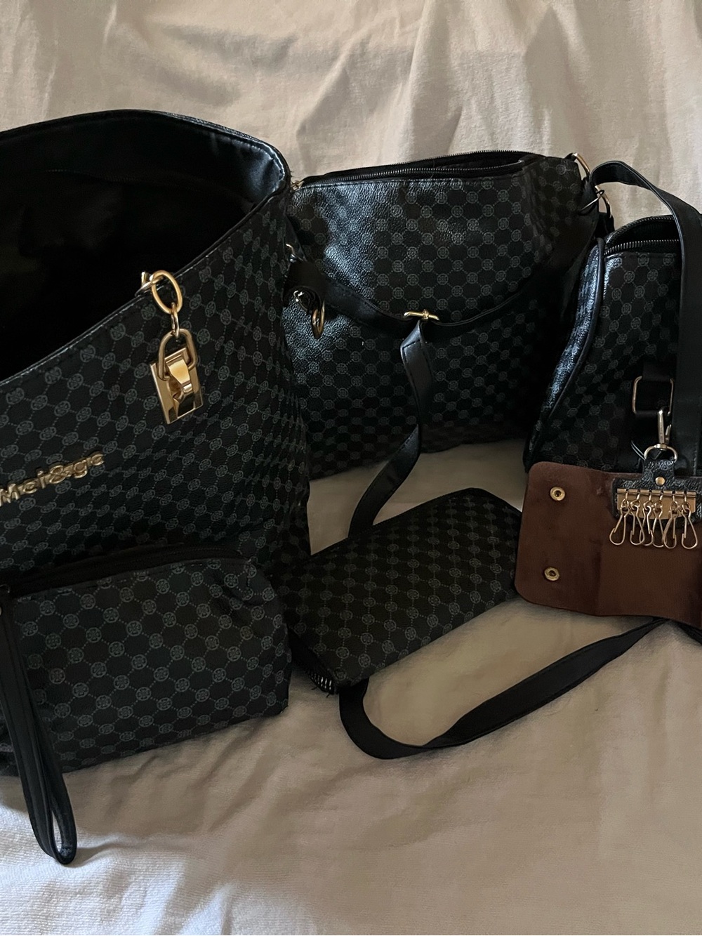 Black Patterned Women's Handbag Set of 5